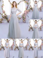 Flare Half Sleeves Floor Length Lace and Belt Zipper Quinceanera Court of Honor Dress with Grey