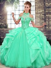 Colorful Apple Green Halter Top Lace Up Beading and Ruffles Quinceanera Dresses Sleeveless