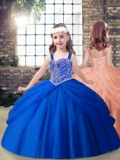 Royal Blue Tulle Lace Up Straps Sleeveless Floor Length Child Pageant Dress Beading