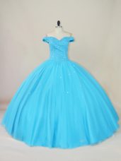 Tulle Off The Shoulder Sleeveless Lace Up Beading 15 Quinceanera Dress in Blue