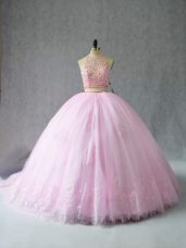 Fabulous Tulle Halter Top Sleeveless Court Train Zipper Beading and Appliques Sweet 16 Dresses in Baby Pink