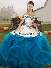 Fantastic Blue And White Off The Shoulder Neckline Embroidery and Ruffles Quinceanera Dresses Sleeveless Lace Up