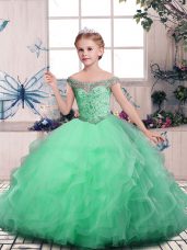 Classical Tulle Off The Shoulder Sleeveless Lace Up Beading and Ruffles Girls Pageant Dresses in Apple Green