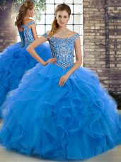 Unique Blue Ball Gowns Off The Shoulder Sleeveless Tulle Brush Train Lace Up Beading and Ruffles Sweet 16 Dress