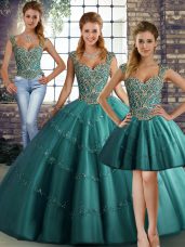 Floor Length Three Pieces Sleeveless Teal Sweet 16 Dresses Lace Up