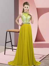 Exquisite Olive Green Sleeveless Beading Backless Prom Evening Gown