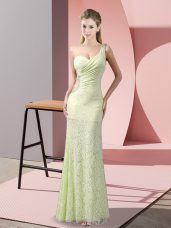 Yellow Green Lace Criss Cross One Shoulder Sleeveless Floor Length Juniors Evening Dress Beading and Lace