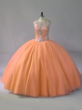 Discount Sleeveless Tulle Floor Length Lace Up Quinceanera Gown in Orange with Beading
