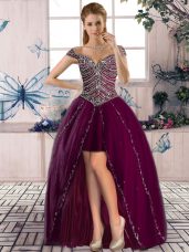Purple A-line Tulle Off The Shoulder Sleeveless Beading High Low Lace Up Prom Party Dress