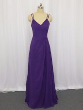 Floor Length Zipper Purple for Prom and Party and Military Ball with Ruching