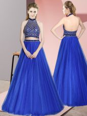 Trendy Floor Length Two Pieces Sleeveless Royal Blue Prom Party Dress Backless
