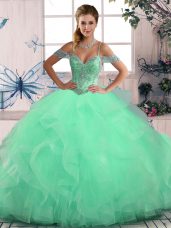 Sumptuous Apple Green Lace Up Off The Shoulder Beading and Ruffles Quinceanera Dresses Tulle Sleeveless