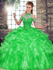 Dramatic Sleeveless Floor Length Beading and Ruffles Lace Up Quinceanera Gown with Green