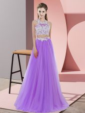 Sleeveless Tulle Floor Length Zipper Dama Dress for Quinceanera in Lavender with Lace