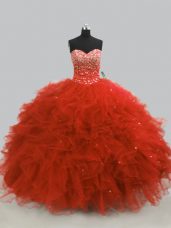 Rust Red Tulle Lace Up Quinceanera Dresses Sleeveless Floor Length Beading and Ruffles