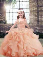 Peach Tulle Side Zipper Little Girls Pageant Dress Sleeveless Floor Length Beading and Ruffles