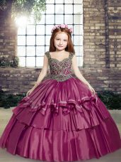 Ball Gowns Little Girls Pageant Gowns Fuchsia Straps Taffeta Sleeveless Floor Length Lace Up