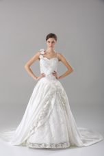 Cheap White Taffeta Lace Up Wedding Gown Sleeveless Brush Train Lace and Embroidery and Hand Made Flower