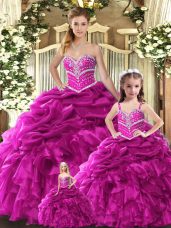 Lovely Floor Length Lace Up Quinceanera Dresses Fuchsia for Sweet 16 and Quinceanera with Beading and Ruffles