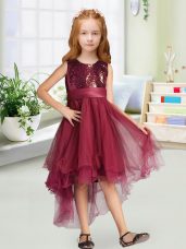 Glamorous Burgundy Flower Girl Dresses Wedding Party with Sequins and Bowknot Scoop Sleeveless Zipper