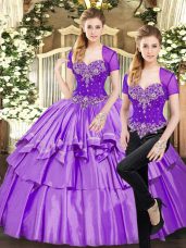 Sweetheart Sleeveless Ball Gown Prom Dress Floor Length Beading and Ruffled Layers Lavender Organza and Taffeta