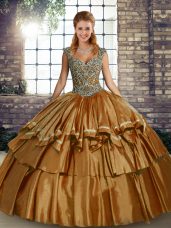 Eye-catching Brown Straps Neckline Beading and Ruffled Layers Quinceanera Gowns Sleeveless Lace Up