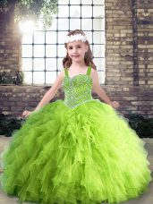 Ball Gowns Straps Sleeveless Tulle Floor Length Lace Up Beading and Ruffles Pageant Dresses