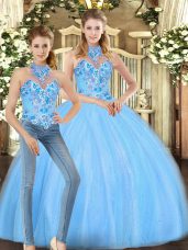 Cute Halter Top Sleeveless 15 Quinceanera Dress Floor Length Embroidery Baby Blue Tulle