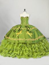 Olive Green Satin and Organza Lace Up Sweetheart Sleeveless Quinceanera Dress Brush Train Embroidery and Ruffled Layers