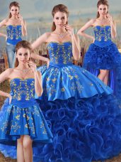 Royal Blue Ball Gowns Fabric With Rolling Flowers Sweetheart Sleeveless Embroidery and Ruffles Floor Length Lace Up Quinceanera Gowns