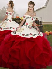 Off The Shoulder Sleeveless Lace Up Quinceanera Dress White And Red Tulle