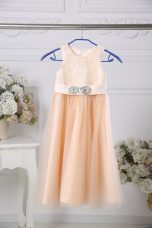 Sleeveless Floor Length Lace and Belt Zipper Flower Girl Dresses for Less with Peach