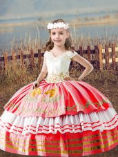 Watermelon Red Ball Gowns Embroidery Girls Pageant Dresses Lace Up Satin Sleeveless Floor Length