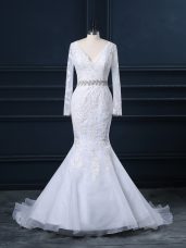 Glorious White Organza Backless V-neck Long Sleeves Bridal Gown Brush Train Beading and Lace