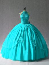 Aqua Blue Sweet 16 Dresses Sweet 16 and Quinceanera with Appliques Halter Top Sleeveless Lace Up