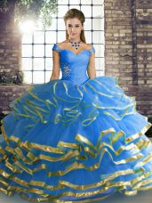 Enchanting Blue Tulle Lace Up Off The Shoulder Sleeveless Floor Length 15th Birthday Dress Beading and Ruffled Layers