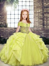 Perfect Floor Length Yellow Green Kids Pageant Dress Organza Sleeveless Beading and Ruffles