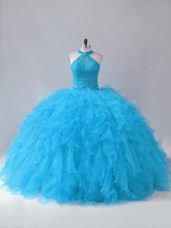 Artistic Tulle Halter Top Sleeveless Lace Up Beading and Ruffles Vestidos de Quinceanera in Blue