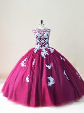 Amazing Burgundy 15 Quinceanera Dress Sweet 16 and Quinceanera with Beading and Appliques Scoop Sleeveless Lace Up