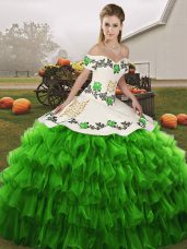 Pretty Sleeveless Organza Floor Length Lace Up Sweet 16 Dress in Green with Embroidery and Ruffled Layers