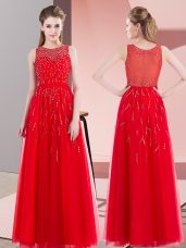Glamorous Floor Length Red Evening Dress Tulle Sleeveless Beading