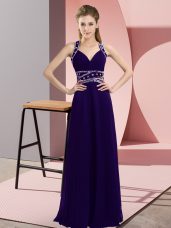 Custom Designed Floor Length Backless Prom Party Dress Purple for Prom and Party with Beading