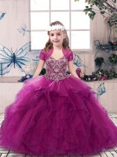 Unique Fuchsia Straps Neckline Beading and Ruffles Little Girls Pageant Dress Sleeveless Lace Up