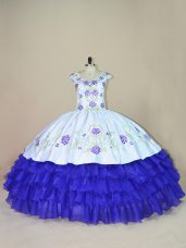 White And Purple Satin and Organza Lace Up V-neck Cap Sleeves Floor Length 15th Birthday Dress Embroidery and Ruffled Layers