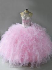 Shining Sleeveless Tulle Floor Length Lace Up Sweet 16 Dress in Pink with Beading and Ruffles