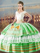 Popular Floor Length Lace Up Quince Ball Gowns Apple Green for Sweet 16 and Quinceanera with Embroidery and Ruffled Layers