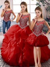 Charming Red Sleeveless Organza Lace Up 15th Birthday Dress for Sweet 16 and Quinceanera