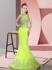 Yellow Green Sleeveless Sweep Train Beading and Appliques Prom Dresses