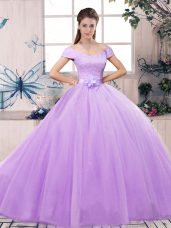 Lavender Lace Up Off The Shoulder Lace and Hand Made Flower Quinceanera Gown Tulle Short Sleeves