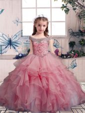 Graceful Pink Kids Pageant Dress Party and Wedding Party with Beading and Ruffles Off The Shoulder Sleeveless Lace Up